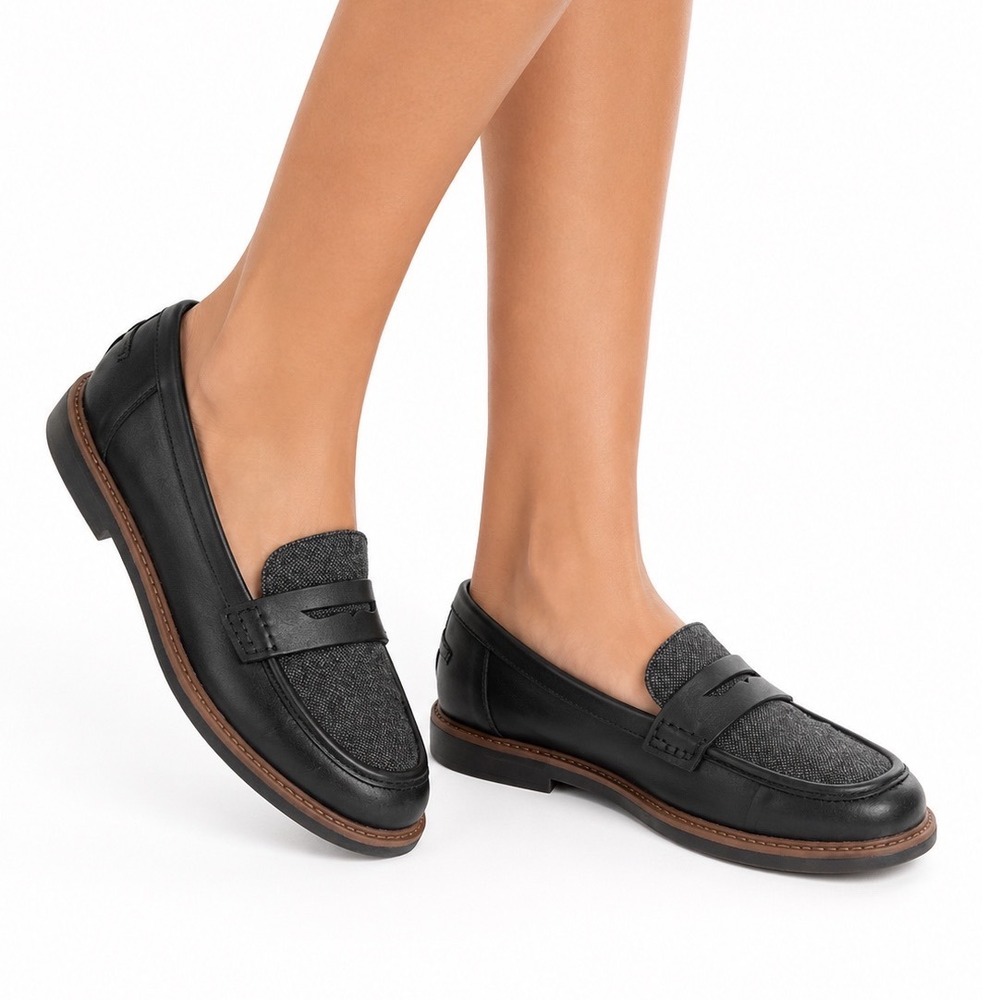Clarks Collection Raisie Eletta Black Leather Tweed Penny Loafers Women's Size 8